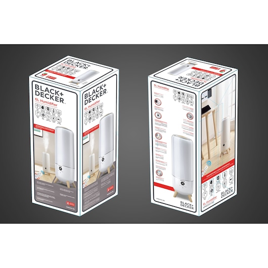 Photo of BLACK+DECKER 6L humidifier, SKU HM6000, product packaging with device image and features displayed.
