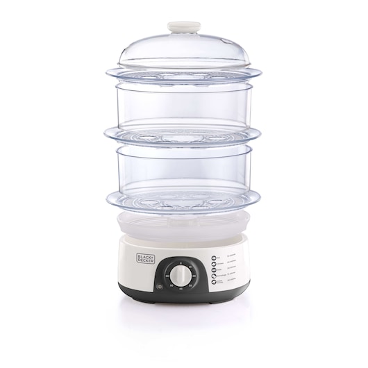 A BLACK+DECKER electric food steamer with three transparent stacking trays and a white base featuring a control dial and timer settings.