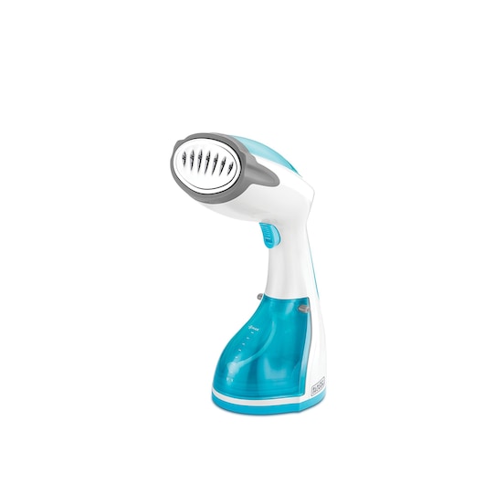 A handheld garment steamer in white and turquoise with a transparent water tank, designed for removing wrinkles from fabrics.