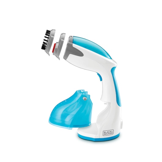 A BLACK+DECKER handheld garment steamer with detachable components including a water tank and brush attachments, shown on a white background.