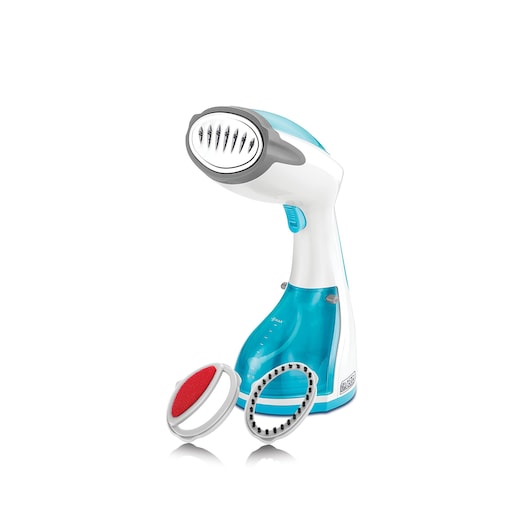 BLACKDECKER HST1200 handheld garment steamer with blue accents and two brush attachments, front angle.