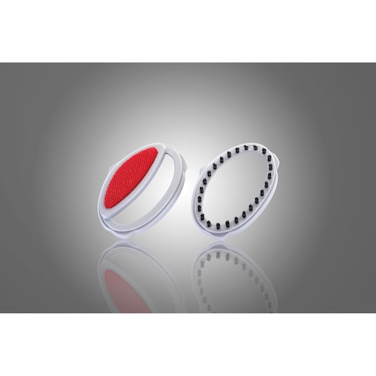 BLACKDECKER HST1200 white plastic brush attachments with red and black bristles, angled view, product photography.