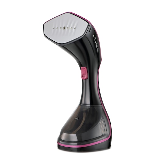 A BLACK+DECKER handheld garment steamer in black and pink, featuring a water tank and steam nozzle, standing upright on a white background.