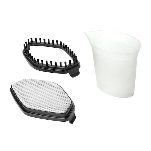 BLACKDECKER HSTD1600 steam cleaner accessories including measuring cup, brush attachment, fabric pad, top view.