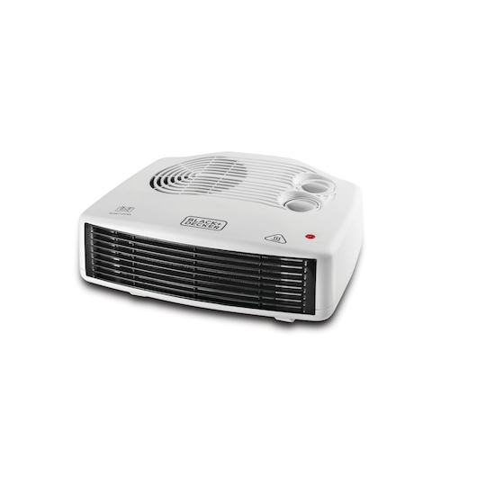 A BLACK+DECKER white portable fan heater with front black vent, two control dials on the top, indicator light, and the brand logo visible on the front.