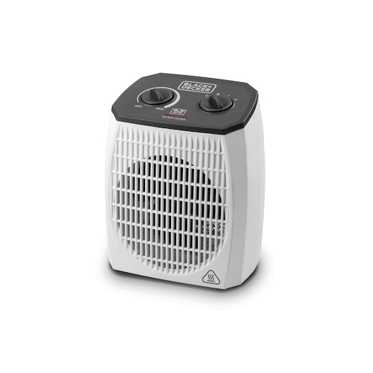 BLACK+DECKER HX310 portable electric fan heater with white body and black control panel. The heater features two rotary dials for adjusting settings and a front grill.