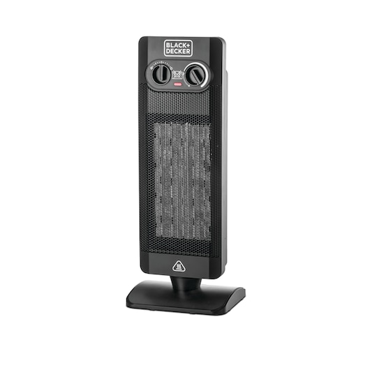 BLACK+DECKER upright ceramic heater with adjustable dials, black color, shown on a white background.