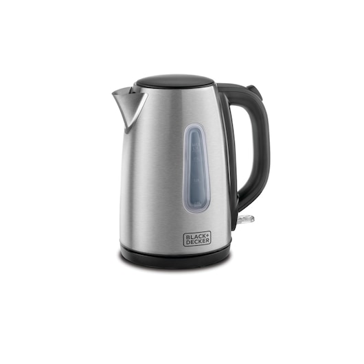 A stainless steel electric kettle with a BLACK+DECKER logo, featuring a black handle and lid, and a water level indicator on the side.