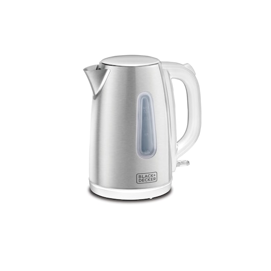 A stainless steel electric kettle with a handle and spout, featuring a water level indicator on the side. The BLACK+DECKER logo is visible on the lower front.