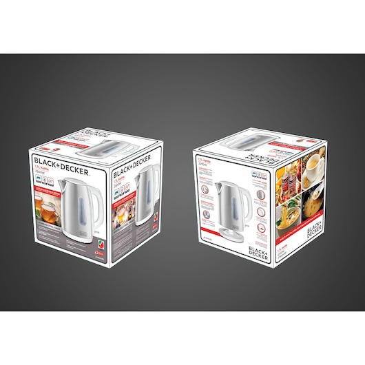 BLACK+DECKER JC454 electric kettle box, 1.7L, 2200W, white, shown at angle on gray background.