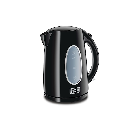 A black electric kettle with a water level window and handle, branded BLACK+DECKER, placed against a white background.