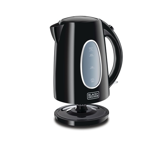 A BLACK+DECKER electric kettle with a black finish, visible water level indicator, and detachable base.