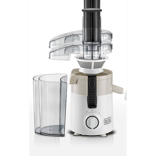 A BLACK+DECKER JE250 juicer with transparent detachable parts and a separate container, displayed against a white background.