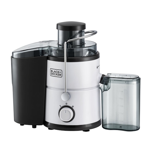 A BLACK+DECKER electric juicer featuring a white and black design with a transparent juice container and a control knob on the front.