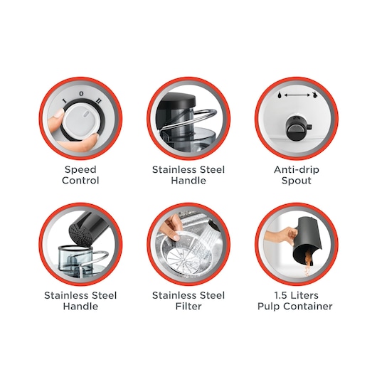 BLACKDECKER JE600 juicer features shown: speed control dial, stainless steel handle, anti-drip spout, stainless steel filter, 1.5 liters pulp container, white background.