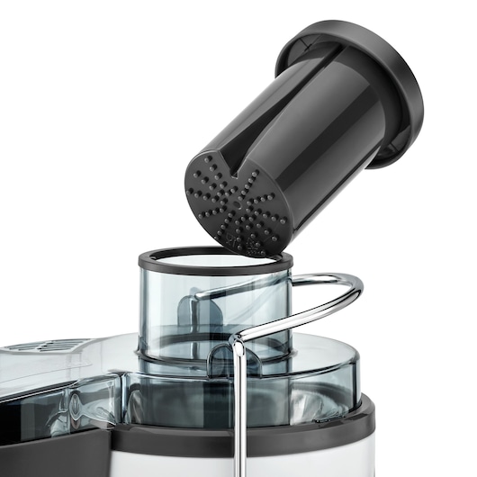 BLACKDECKER JE600 juicer with black pusher inserted, side angle on white background.
