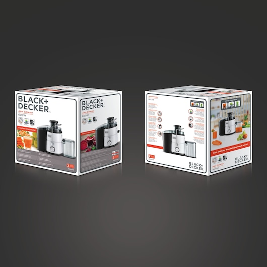 BLACK+DECKER JE600 juice extractor packaging with product images and features, white background, two box angles.