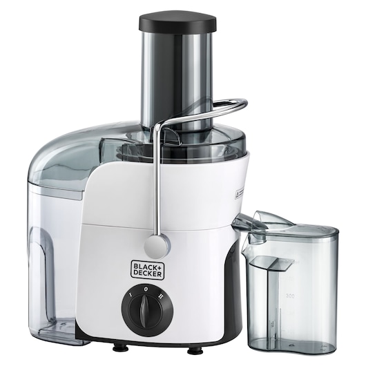 A BLACK+DECKER juicer in white and black with a transparent pulp container and juice collector, featuring a speed control dial on the front.