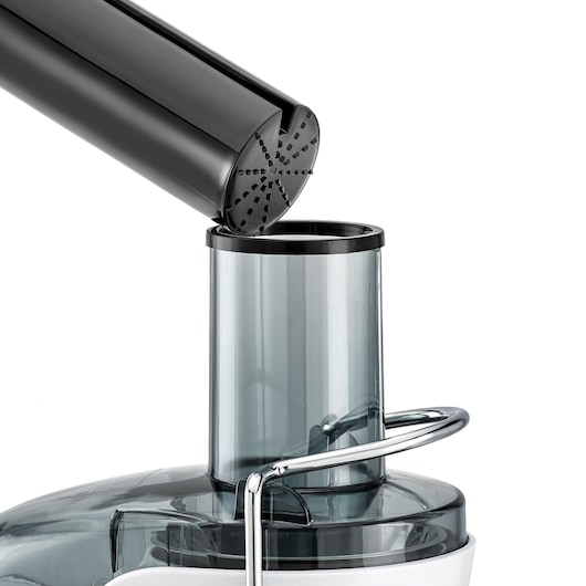 BLACKDECKER JE780 juicer feeding tube and pusher, close-up angle, white background.