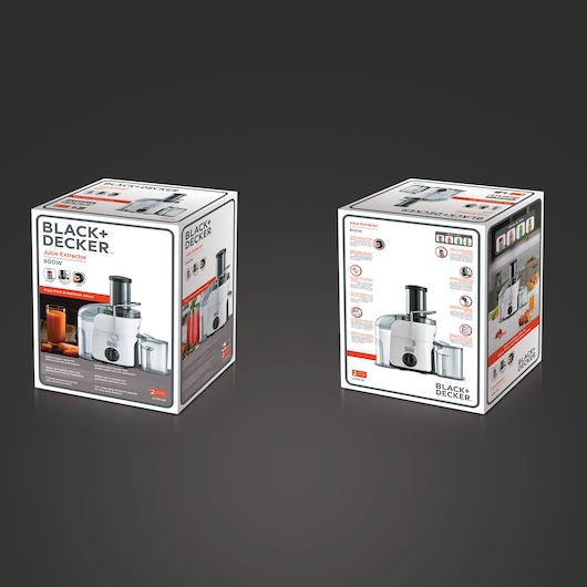 Photo of two BLACK+DECKER JE780 juice extractor boxes showing product images and features on white packaging.