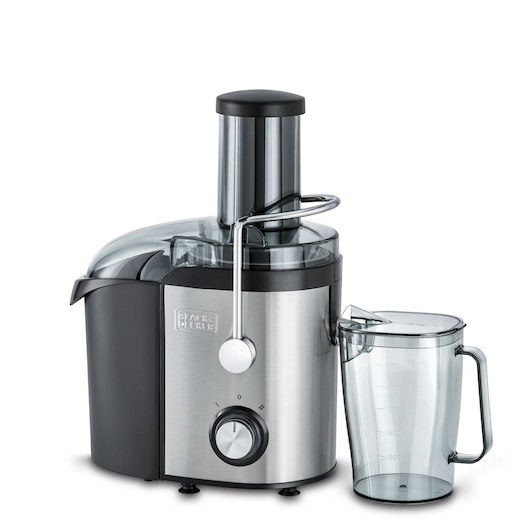 A BLACK+DECKER JE800 stainless steel juicer with a transparent juice container placed beside it, shown against a white background.