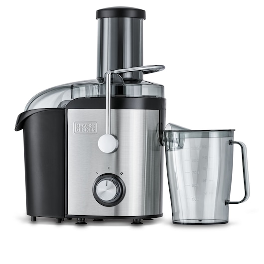 A BLACK+DECKER juicer JE800 with a stainless steel and black design, featuring a large feed chute and a transparent juice container with measurement markings.
