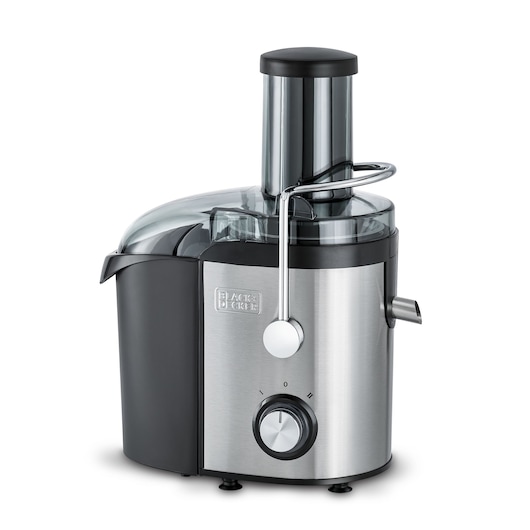 A BLACK+DECKER stainless steel juicer machine with a black base and transparent lid, featuring a wide feeding tube, push-down handle, and control dial on the front.