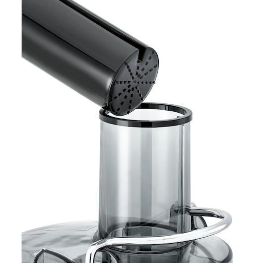 Photo of BLACKDECKER JE800 juicer feed chute and pusher, close-up, white background.