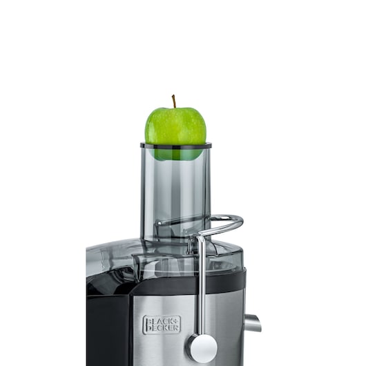 Photo of BLACK+DECKER JE800 juicer with a green apple in the feed chute, front angle, stainless steel finish.