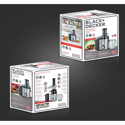 Photo of BLACK+DECKER JE800 stainless steel juice extractor packaging, 800W, shown from two angles on a dark background.
