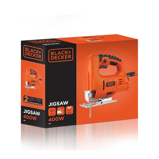 BLACK+DECKER JS10-B5 jigsaw 400W product box, orange and black packaging, front angle view.