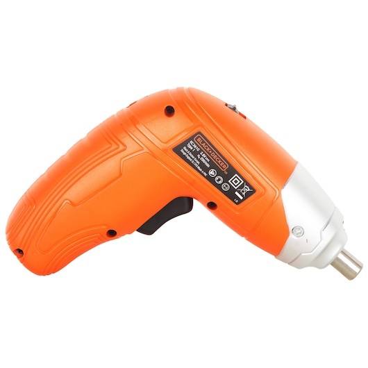 BLACKDECKER KC3610 orange cordless screwdriver, side angle, white background.