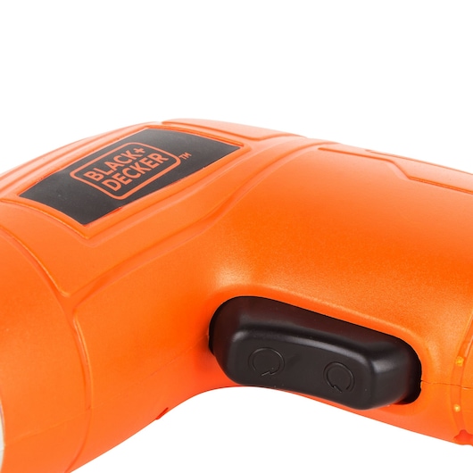 BLACKDECKER KC3610 orange handheld power tool handle with black switch, close-up front angle.