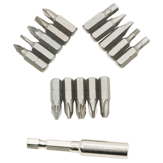 BLACKDECKER KC4815-IN screwdriver bit set, silver, assorted shapes, front angle photo.