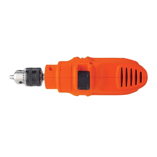 BLACKDECKER KR5010 orange electric drill side view on white background.