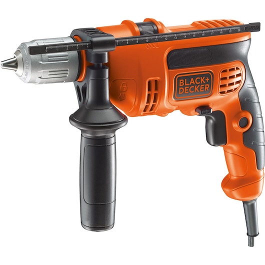 An orange and black BLACK+DECKER electric drill with a side handle and a depth gauge, designed for home or professional use.