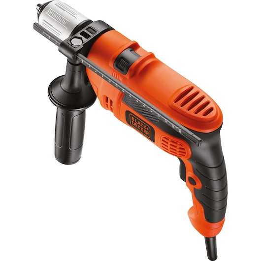 A BLACK+DECKER electric drill with an orange and black casing, side handle, and depth gauge, shown against a white background.