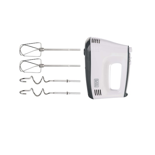 BLACK+DECKER hand mixer model M350 in white and black, shown with four stainless steel attachments: two standard beaters and two dough hooks.