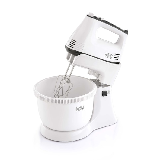 A BLACK+DECKER electric stand mixer in white, featuring a detachable hand mixer and a large mixing bowl with metal beaters.