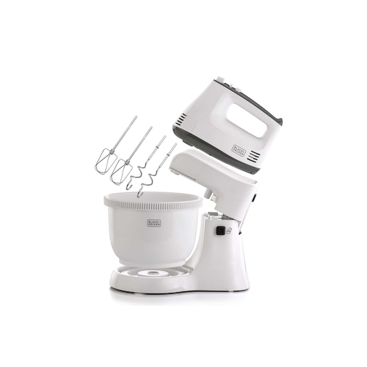 BLACK+DECKER M700 white stand mixer with bowl and four stainless steel attachments, side angle on white background.