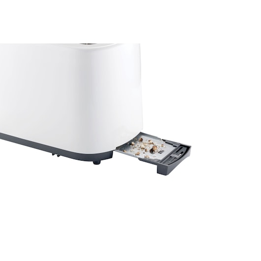 BLACKDECKER MBF70 toaster close-up with removable crumb tray extended, side angle, white background.