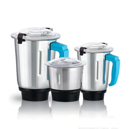 BLACKDECKER MG550 mixer grinder jars set with stainless steel bodies, transparent lids, and blue handles, front view.