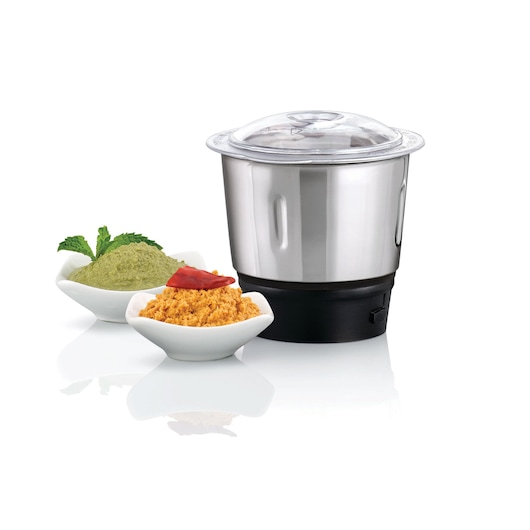 BLACKDECKER MG550 stainless steel mixer jar with clear lid, front angle, with two bowls of chutney.