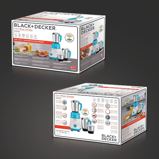 Photo of BLACK+DECKER MG550 3 in 1 Mixer Grinder packaging showing blue and white mixer grinder with three jars, 550W.