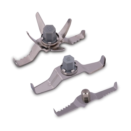 BLACKDECKER MG550 food processor replacement blade set, three stainless steel blades, top angle, white background.