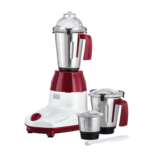 A BLACK+DECKER mixer grinder set with three stainless steel jars with red handles and transparent lids, placed next to a white and red base unit. A white spatula is also included.