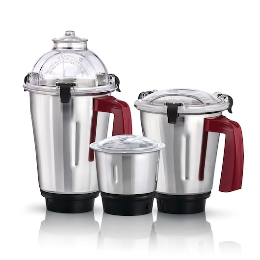 BLACKDECKER MG750 stainless steel mixer grinder jars with red handles, three sizes, side angle, white background.