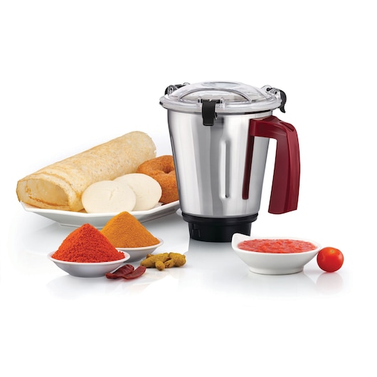 BLACKDECKER MG750 mixer jar with red handle, Indian food ingredients and dishes, front view, white background.