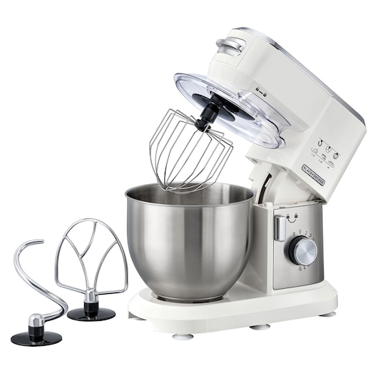 A BLACK+DECKER stand mixer with a stainless steel mixing bowl, a wire whisk attachment, and two additional attachments for kneading and mixing, displayed on a white background.