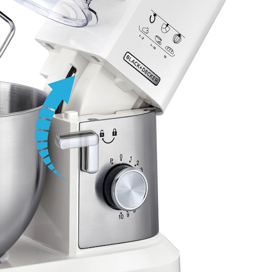 BLACK+DECKER MKM100 stand mixer control panel with stainless steel bowl, close-up angle showing tilt-head release lever.